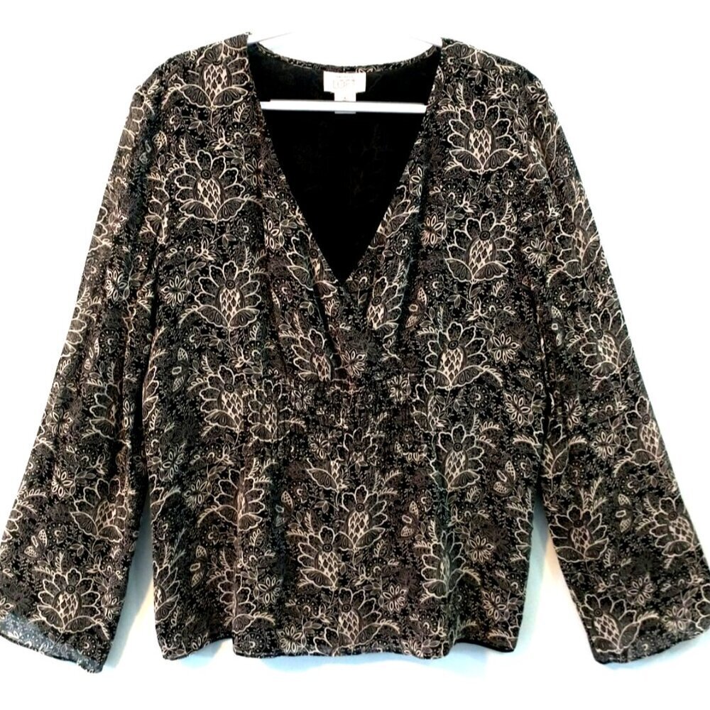 Ann Taylor Blouse Silk Sheer Surplice V-Neck Lined Long Sleeves Black White - XL